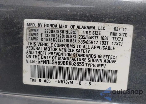 2011 Honda Odyssey Ex-L from USA, damaged, VIN 5FNRL5H69BB052655